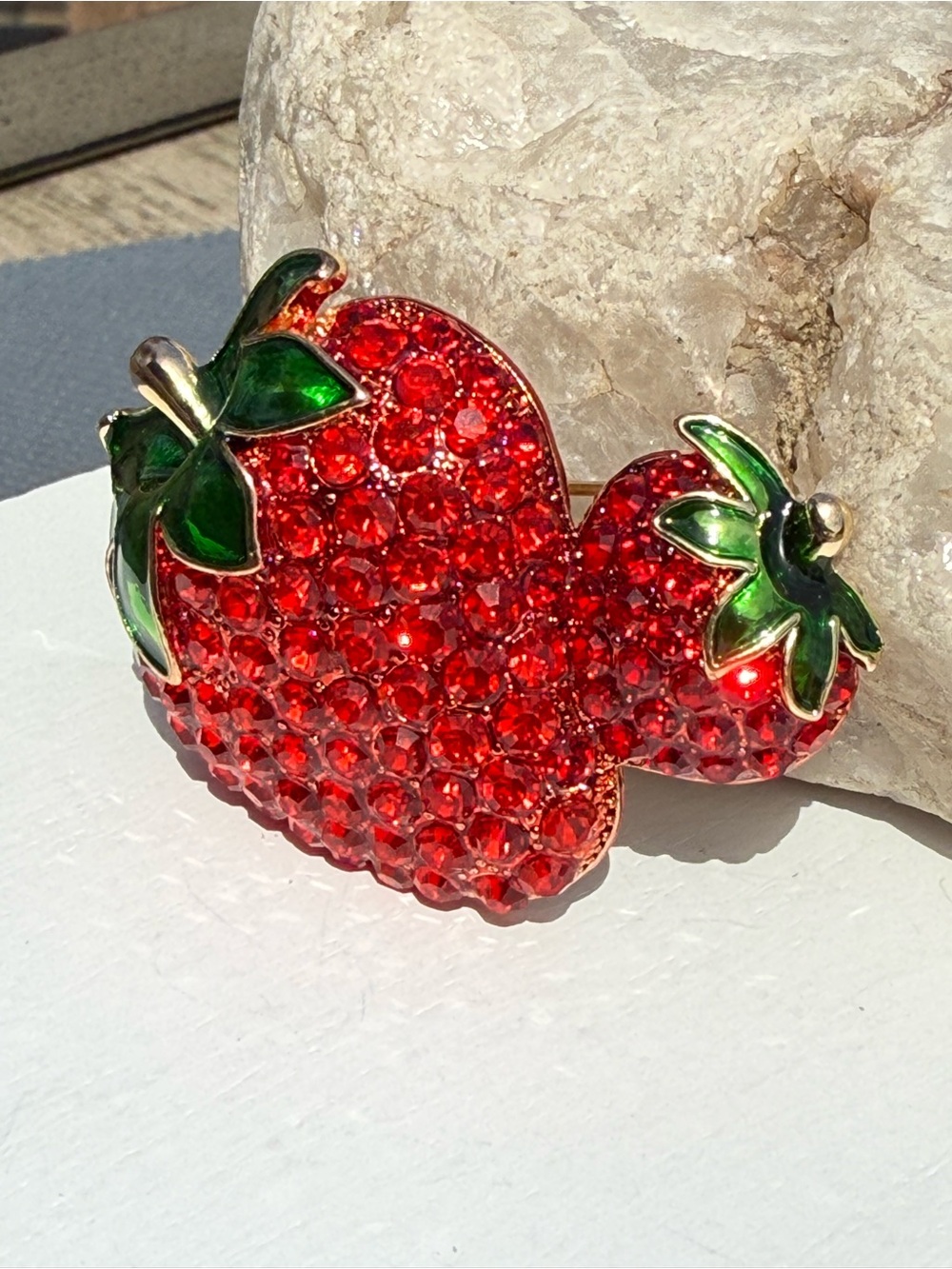 NWT Red Crystal Strawberry Brooch with Green Enamel Leaves and Baby Strawberry - Picture 6 of 7